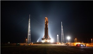 Artemis I on the launchpad at night