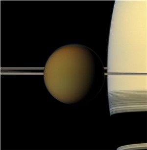 Titan in front of Saturn