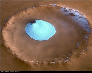 Perspective view of crater with water ice