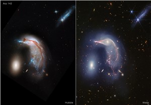 Interacting galaxies Arp 142 (Hubble and Webb)