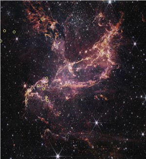 NGC 346 with 10 circled stars (Webb) NASA, ESA, CSA, STScI, O. C. Jones (UK ATC), G. De Marchi (ESTEC), M. Meixner (USRA)  &copy;