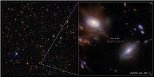 JADES-GS-z13-1 in the GOODS-S field (NIRCam image) ESA/Webb, NASA, STScI, CSA, JADES Collaboration, Brant Robertson (UC Santa Cruz), Ben Johnson (CfA), Sandro Tacchella (Cambridge), Phill Cargile (CfA), J. Witstok, P. Jakobsen, A. Pagan (STScI), M. Zamani (ESA/Webb)  &copy;