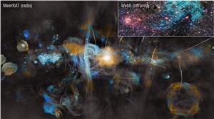 Milky Way Center (MeerKAT and Webb) NASA, ESA, CSA, STScI, SARAO, Samuel Crowe (UVA), John Bally (CU), Ruben Fedriani (IAA-CSIC), Ian Heywood (Oxford) &copy;