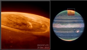 Pullout of aurora observations on Jupiter NASA, ESA, CSA, STScI, Ricardo Hueso (UPV), Imke de Pater (UC Berkeley), Thierry Fouchet (Observatory of Paris), Leigh Fletcher (University of Leicester), Michael H. Wong (UC Berkeley), Joseph DePasquale (STScI), J. Nichols (University of Leicester), M. Zamani (ESA/Webb)  &copy;