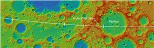 First radargram from Juice's RIME instrument RIME radargram: ESA/Juice/RIME, LOLA elevation map: LOLA Science Team  &copy;